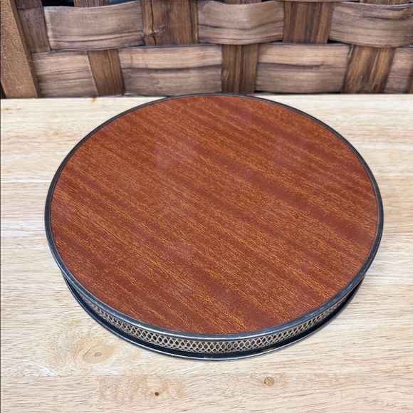 Vintage Rogers Silverplate Round Metal and Wood Tray - Picture 2 of 3